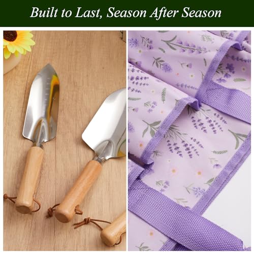VerdantVibes Gardening Tool Set - 10 Piece Stainless Steel Garden Tools with Wood Handle, Pruners & Purple Lavender Print Tote Bag - Heavy Duty Gardening Gifts for Women Mom & Purple Lovers - color: Purple