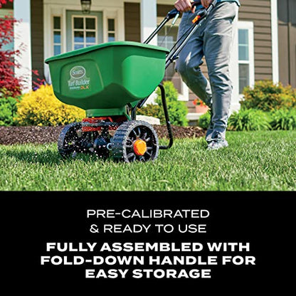 Scotts Turf Builder EdgeGuard DLX Broadcast Spreader for Seed, Fertilizer, Salt, Ice Melt, Holds up to 15,000 sq.ft. Product, Green - style: Deluxe