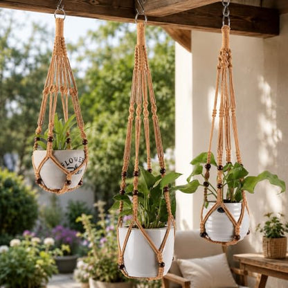 Macrame Plant Hangers with Beads for Indoor and Outdoor, 3 Pack - color: Brown