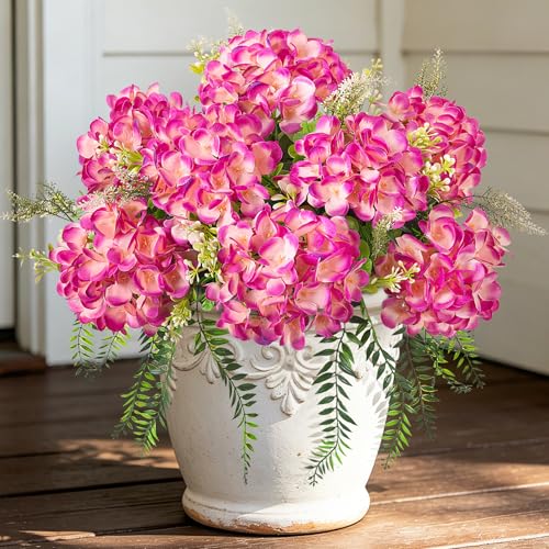 Ammyoo Artificial Hydrangea Flowers with Eucalyptus for Outdoor Decorations - color: Rose Red
