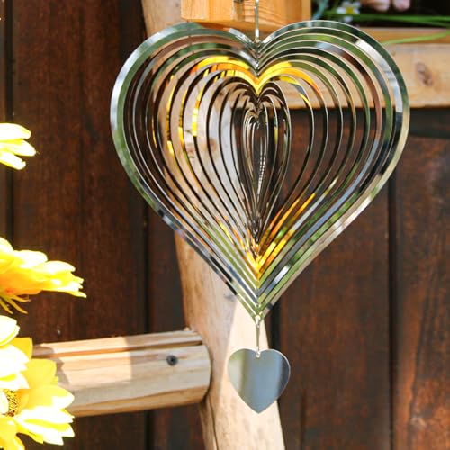 Phuryllic Wind Spinners Outdoor, Garden Decor, Bird Deterrents for Outside, 3D Metal Yard Decorations for Patio & Porch, Unique Gardening Gifts for Women & Moms - 8in Silver Heart - color: 1pc 8in Silver Heart