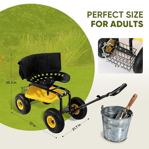 Sekey Garden Cart Rolling Workseat with Backsupport & 360° Swivel Seat, Heavy Duty Garden Scooter with Adjustable Height, Tool Tray, All-Terrain Wheels, 440 lbs Capacity for Seniors & Gardeners - size: 500LBS