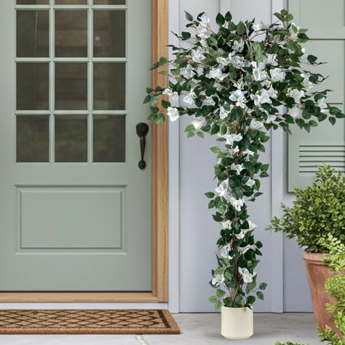 BLOSMON 5ft Bougainvillea Artificial Trees for Outdoor Porch Decor, White - color: White Bougainvillea Flowers