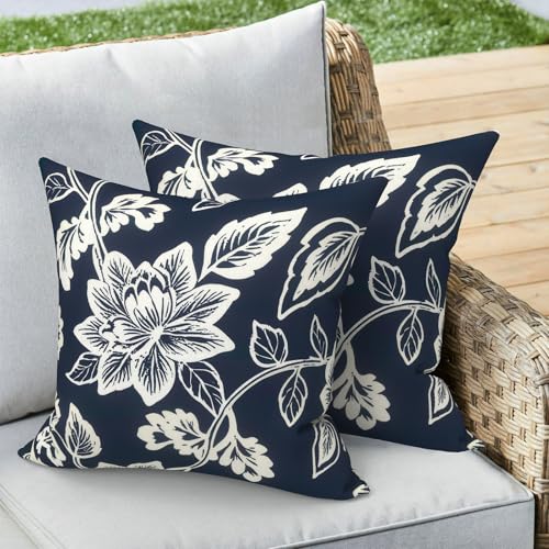 Outdoor 16x16 Inch Throw Pillow Covers Set of 2, Covers ONLY, All Weather Square Pillow Cases, Patio Cushion Pillow of Home Furniture Use, Elegant Vines Navy - color: Elegant Vines Navy, size: 16" x 16" (Pack of 2)