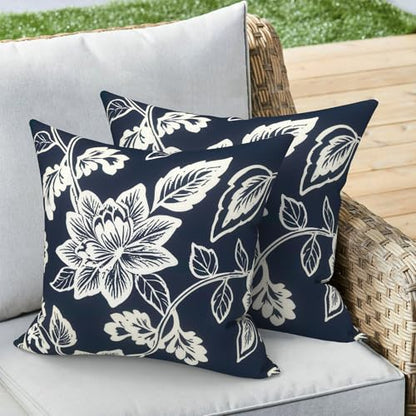 Outdoor 16x16 Inch Throw Pillow Covers Set of 2, Covers ONLY, All Weather Square Pillow Cases, Patio Cushion Pillow of Home Furniture Use, Elegant Vines Navy - color: Elegant Vines Navy, size: 16" x 16" (Pack of 2)
