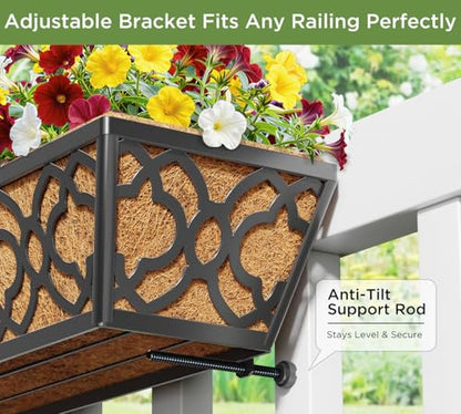 HFHOME 24 Inch Deck Railing Planter Box with Horse Trough Coco Liner, 24" Window Boxes with Coconut Coir Liner, Black Metal Hanging Flower Planter Basket for Outdoor Indoor Lawn - 4 Pack - size: 24 Inch 4-Pack Floral-Pattern