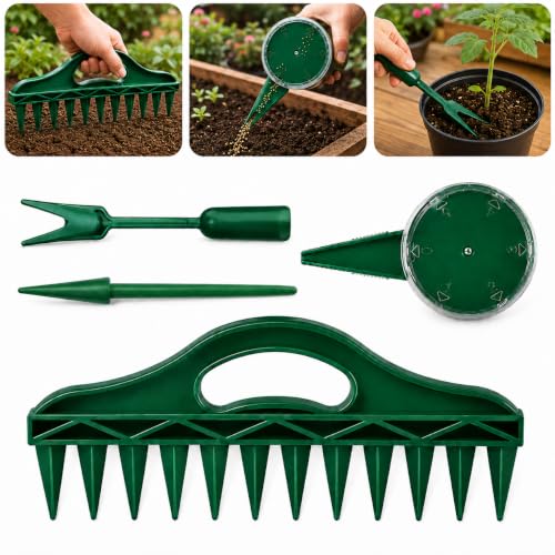 4PCS Garden Seed Planting Tool Kit, Hand Seeder with 12-Hole Dibber and Transplanting Tools, Mini Gardening Tools Set for Vegetable, Flower, Herb and Seed Sowing for Lawn Garden Farm Yard