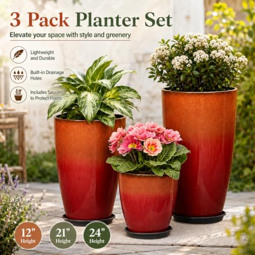 Neoaider Set of 3 Tall Planter, 24/21/12in Large Plastic Planter, Firey Red - color: Fiery Red