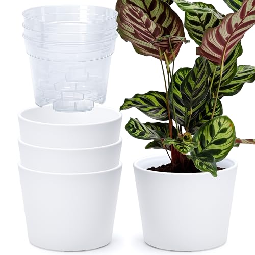 Phoenix Vine 6.6 Inch White Plastic Cachepot with Clear Nursery Pot, Decorative Lightweight Planter Cover with Transparent Inner Pot for Indoor Houseplants, Pack of 4, 24-C-D-4 - color: Matte White, size: 6.6" (4 Pack)