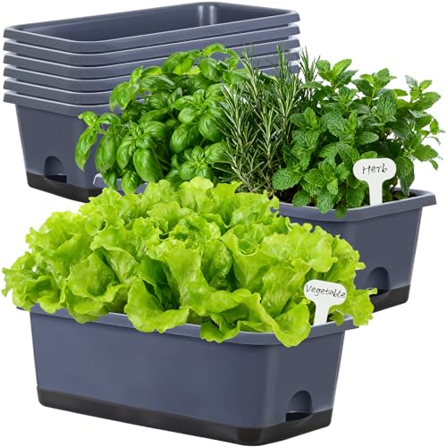 Oliz Window Box Planter 8 Pcs, 17 Inches Rectangle Flower Pots with Drainage Holes and Trays, Vegetable Planters for Windowsill Patio Garden Balcony Home Porch Yard Indoor Outdoor (Grey) - color: Gray