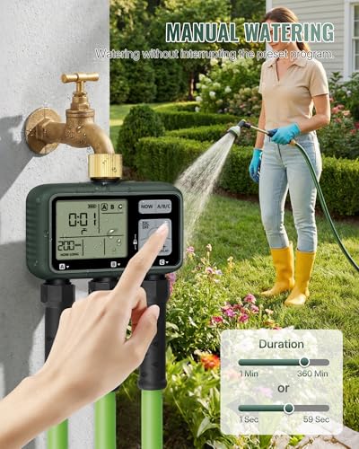 3 Zone Brass Sprinkler Timer, Garden Hose Timer, Automatic Irrigation System, Programmable Faucet, 3 Outlets, with Rain Delay, Manual Mode,Child Lock, for Yard, Garden, Lawn, Green E13WT06