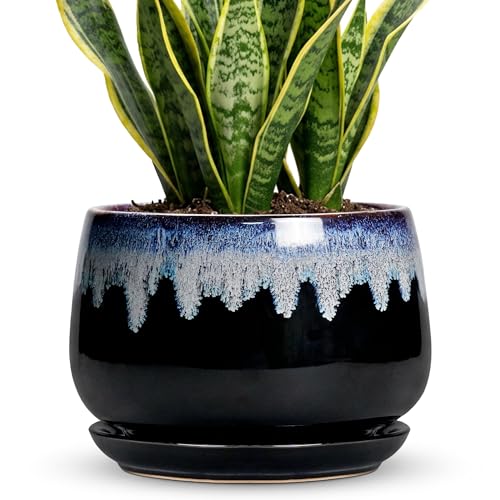 Ceramic Plant Pots - 9 Inch Flower Pots for Indoor Plants, Decorative Pots for Plants with Drainage and Saucer, Large Planter, House Office Decor, Gardening Gifts for Women, Black-Blue - size: 9 Inch, style: Black-blue