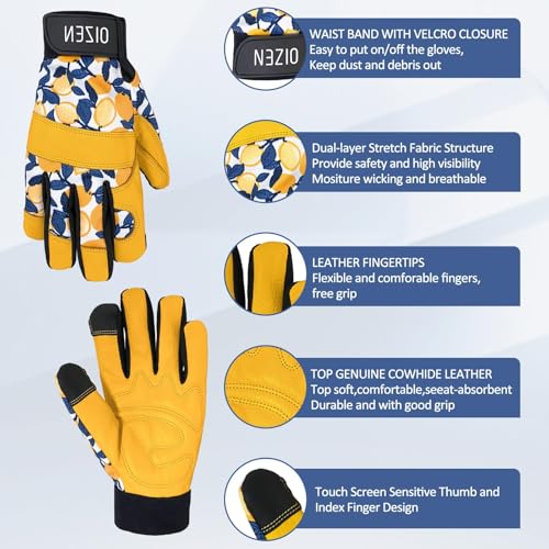 Cowhide Leather Thorn Proof & Puncture Resistant Gardening Gloves for Women and Men, Touchscreen Compatible Working Gloves for Weeding, Digging, Planting, Gardening Gifts for Women, Size Medium - color: Yellow, size: Medium