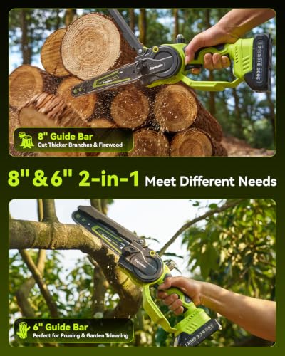 Mini Chainsaw Cordless, 8 Inch & 6 Inch Electric Chainsaw Battery Powered, 1000W Brushless Handheld Power Chain Saw with 2 Batteries, Small Tree Saw for Branch Trimming Wood Cutting - color: Forest Green‌