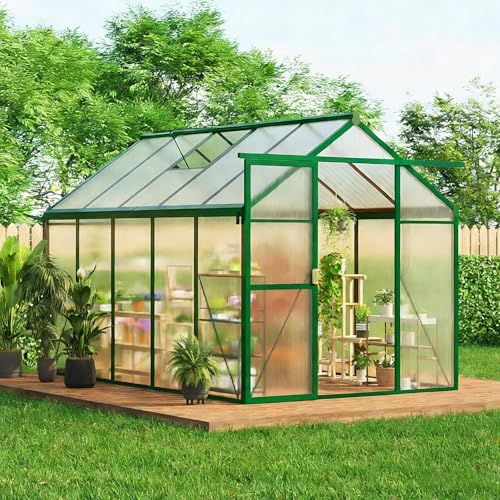 6x10 FT Greenhouse, Easy Assembly Aluminum Polycarbonate Greenhouses for Outdoors with Roof Vent, Large Aluminum Walk-in Greenhouse for Sunroom Patio, Backyard, Garden, Sliding Lockable Door, Green - color: Green, size: 6x10 FT