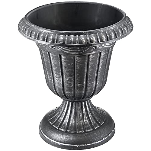 Arcadia Garden Products Large 16x18” Classic Traditional Plastic Urn Planter, Indoor/Outdoor Garden Plant Pot Garden Décor, Brushed Silver - color: Brushed Silver, size: 16" x 18"