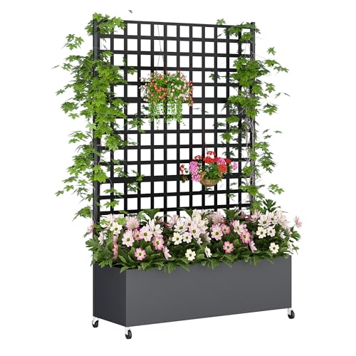 Metal Planter Box with Trellis Privacy Screen, Raised Garden Bed with Lattice Trellis & Wheels, Privacy Planters for Patio, Planter Box for Climbing Plants, Flower, 73"x 47"x 16", Black - color: Black Lattice, size: 73"x 47"x 16"