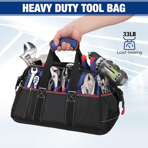 WORKPRO 16-inch Wide Mouth Tool Bag with Water-Proof Molded Base - color: Blue & Red