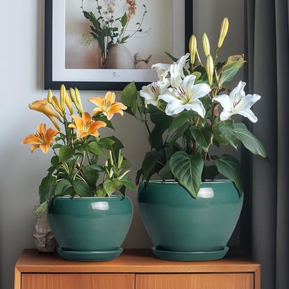 Ceramic Pots for Plants, 10+8+6 Inch Ceramic Plant Pot, Dark Green - color: Dark Green