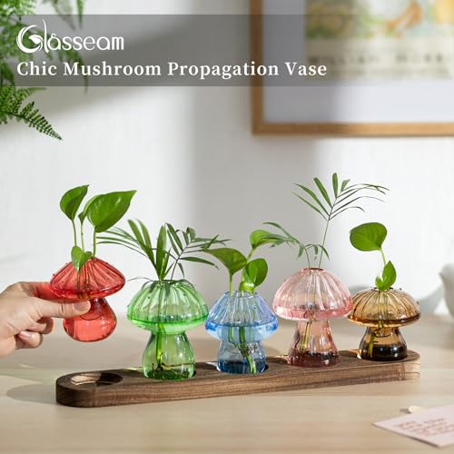 Glasseam Mushroom Glass Plant Propagation Station with Wooden Stand 5Pcs - color: Multicolor, size: 5Pcs