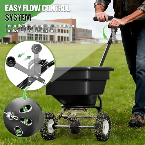 PPOLB Broadcast Spreader for Lawns, 100LB Fertilizer Spreader with 30-Level Flow Control, Walk Behind Lawn Seed & Salt Spreader, 0–10FT Coverage, Hopper Screen, Rain Cover, 12" Pneumatic Wheels - size: 100LBS