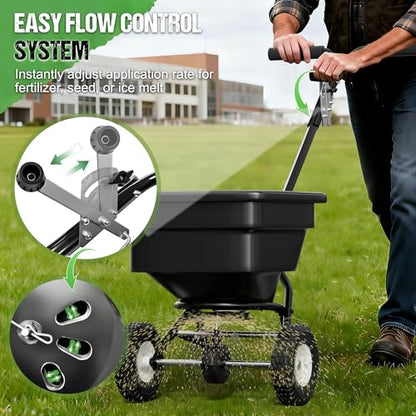 PPOLB Broadcast Spreader for Lawns, 100LB Fertilizer Spreader with 30-Level Flow Control, Walk Behind Lawn Seed & Salt Spreader, 0–10FT Coverage, Hopper Screen, Rain Cover, 12" Pneumatic Wheels - size: 100LBS