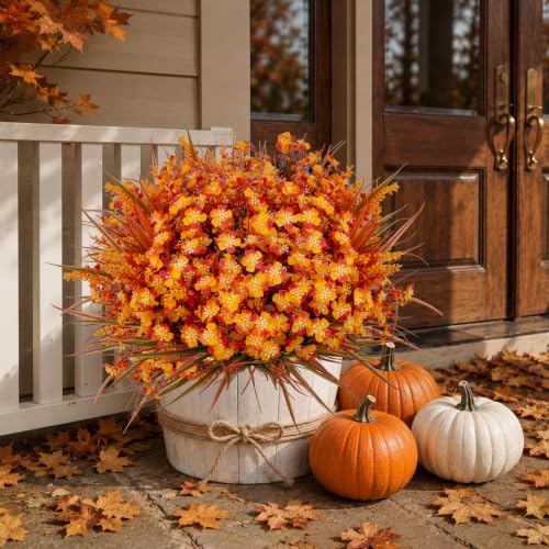 AXYLEX Artificial Fall Flowers Outdoor Fake Mums - color: Orangegreen