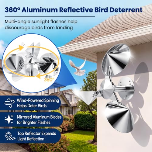 2 Pack Short Reflective Bird Deterrent Spinners with Upgraded Metal Base