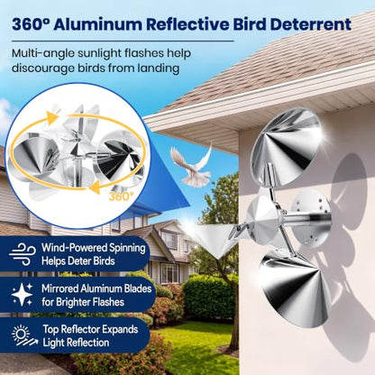 2 Pack Short Reflective Bird Deterrent Spinners with Upgraded Metal Base