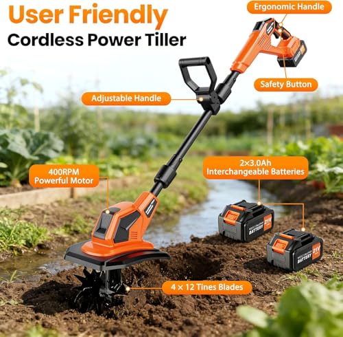 20V Cordlees Tiller Cultivator for Gardening, 400RPM Brushless Electric Garden Tiller Battery Powered((2*3.0Ah Battery&Charger), 9.5"Width 7"Depth, Garden Rototiller for Yard/Lawn/Soil Tiller (Orange)