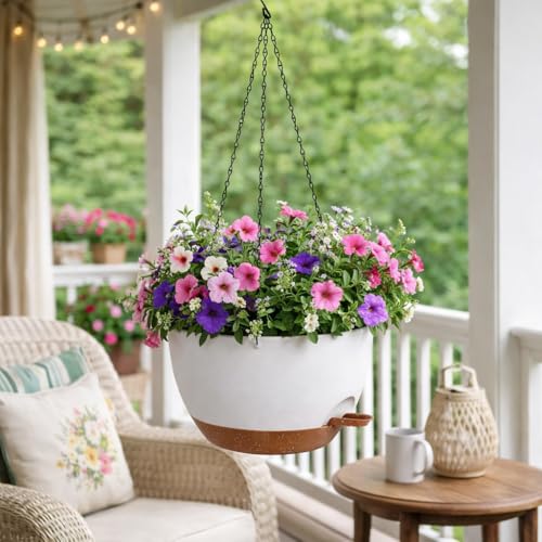 TYMENSH Hanging Plant Pots 12 Inch Set of 2, Self Watering, Drainage Holes, Removable Saucer, Durable Plastic with Chains, Indoor Outdoor, White - color: White
