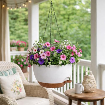 TYMENSH Hanging Plant Pots 12 Inch Set of 2, Self Watering, Drainage Holes, Removable Saucer, Durable Plastic with Chains, Indoor Outdoor, White - color: White