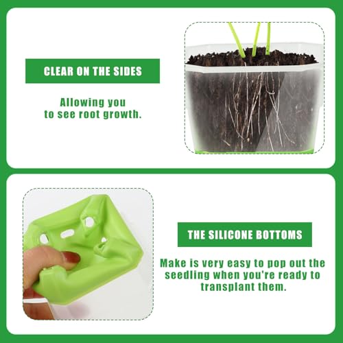 20Pcs Nursery Pot Planters Variety Pack, Reusable Clear Plastic and Silicone Square Pots with Drainage for Seedlings and Flower Plants (Green) - color: Green