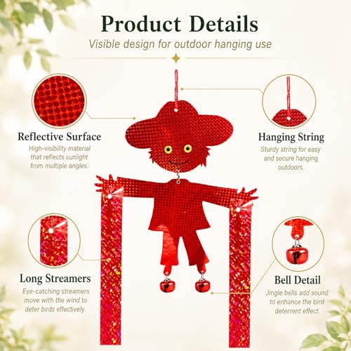 Hanging Bird Scare Reflective Devices, Double-Sided Highly Reflective Bird Deterrents Shiny Scarecrow Shape Reflectors with Bell to Scare Birds Away from Yards, Patios, and Farms (Silver + Red)