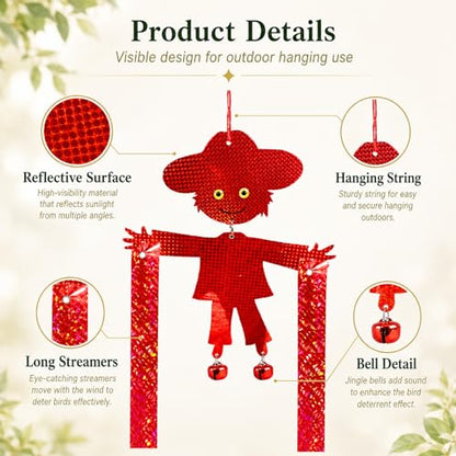Hanging Bird Scare Reflective Devices, Double-Sided Highly Reflective Bird Deterrents Shiny Scarecrow Shape Reflectors with Bell to Scare Birds Away from Yards, Patios, and Farms (Silver + Red)