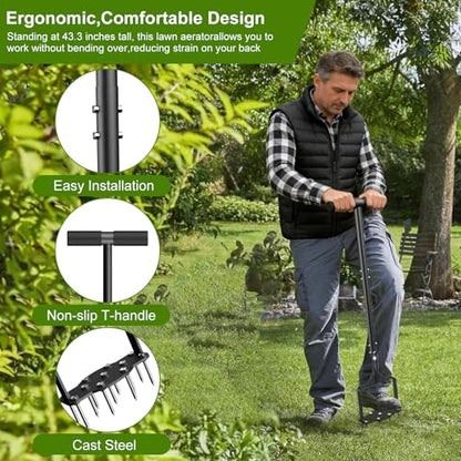 Manual Lawn Aerator Tool with 11 Steel Spikes, Easy Step-On