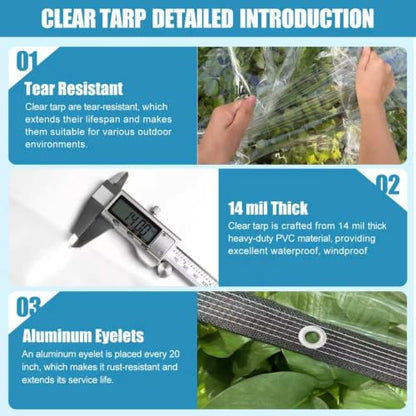 Clear Tarps Heavy Duty Waterproof 5x7ft Clear Vinyl Tarp 14mil Clear Tarp with Grommets Thickened Tear-Resistant Clear Tarps for Outdoor Porches Enclosure Chicken Coop Greenhouse Patio - size: 5x7FT