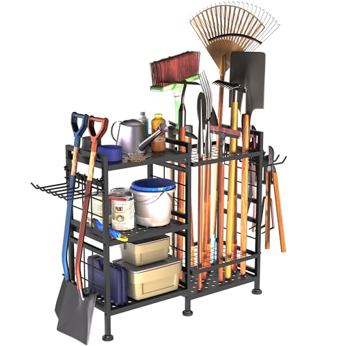 GIOTORENT 6 Tier Garden Tool Organizer, Garage Storage and Organization, Metal Yard Tools Storage Rack, Heavy Duty Garden Tool Organizer for Garage, Yard, Patio, Shed, Indoors and Outdoors, Black - size: 33.6x 12.8 x 30.3