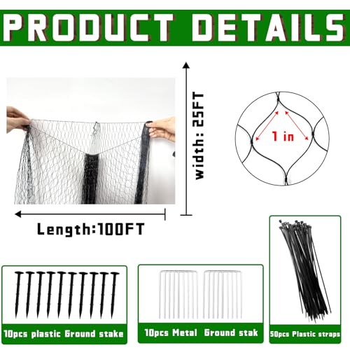 Black Bird Netting for Garden Protection Reusable Heavy Duty Garden Mesh Net Fruit Tree Netting Pest Barrier Bird Fence Protect Fruit Trees Vegetable with Ties and Staples (7' x 100')