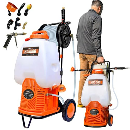 PetraTools Battery Powered Sprayer w/Cart & Retractable 100 ft Hose Reel - style: HD5000 with Hose Reel