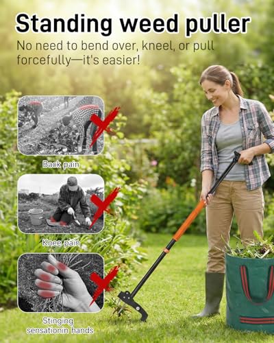Stand Up Weed Puller Tool with Adjustable Long Handle and 50L Garden Bag