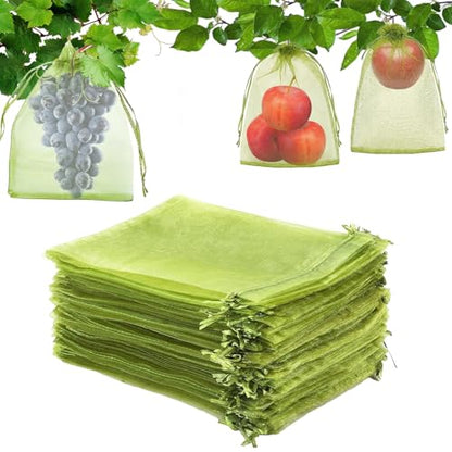 8x12 inch Fruit Protection Bags, 100PCS Green Netting Cover Fruit Mesh Drawstring Bags Protectors Pest Barrier for Fruit Tree, Tomato, Blueberry, Small Fruit Veggies Garden - size: 8x12 inch