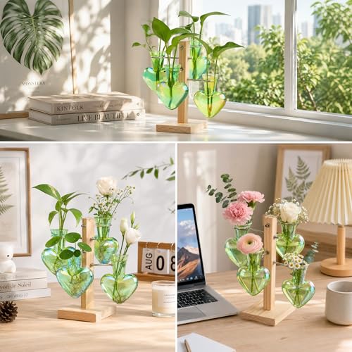 Nacome Plant Terrarium Propagation Stations: Green Vase with Wooden Stand - color: Green