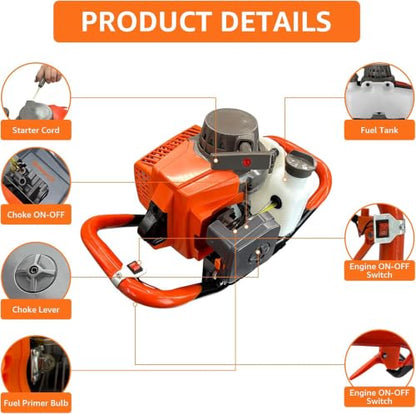 72CC Gas-Powered Post Hole Digger, 2 Stroke Auger, Orange - size: 72CC