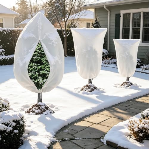 8 Pack 3 Sizes Plant Covers Freeze Protection w Zipper & Drawstring, White - color: White