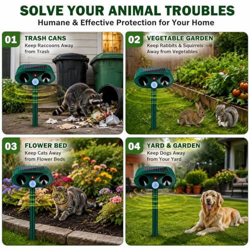 2 Pack Ultrasonic Deer Repellent Devices,Cat Deterrent Outdoor Solar Animal Repeller for Squirrel Racoon Rabbit Fox Skunk,USB Charging Waterproof Motion Sensor Sonic Fortress Pro Deterrent for Garden
