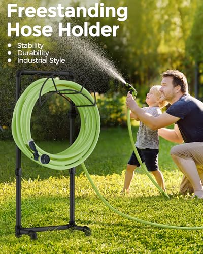 LAND·VOI Freestanding Garden Water Hose Storage Holder Stand for Outside, 160-Ft Hose Heavy Duty Metal Hanger Reel Organizer Outdoor Yard Lawn, Standing Keeper Rack with Ground Stake, Black GHH02B - size: 4 Spikes