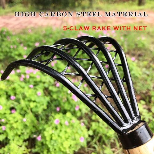 Garden Rake 5-Claw Landscape Dethatcher Thatching Beach Combing Rake for Digging Clam Shell Defoliation Hoe Garden Tool for Loosen The Soil (Brown) - color: Brown