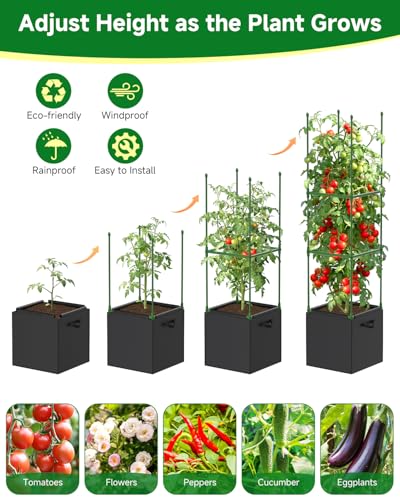 4 Pack Square Tomato Trellis Cages 55 Inch Height, with 17 Gallon Square Grow Bags (12×12in), Heavy Duty Tomato Plant Support Stakes for Outdoor Garden Climbing