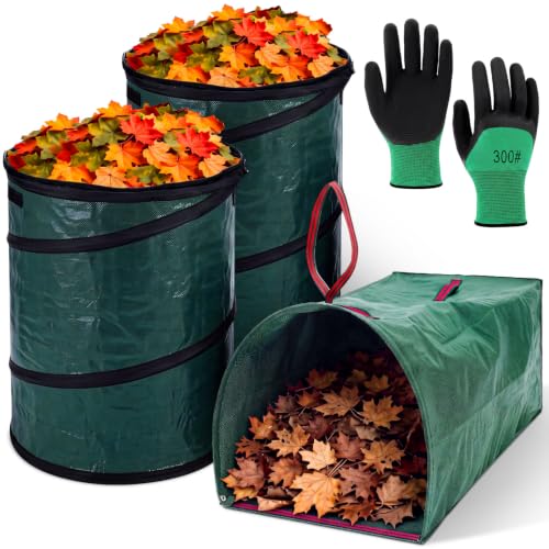 3 Pack Leaf Collector and Yard Waste Bags and Gardening Gloves, 41 Gallon Reusable Leaf Collector, 19 Gallon Pop Up Trash Bin for Grass, Leaves, Debris and Outdoor Cleanup